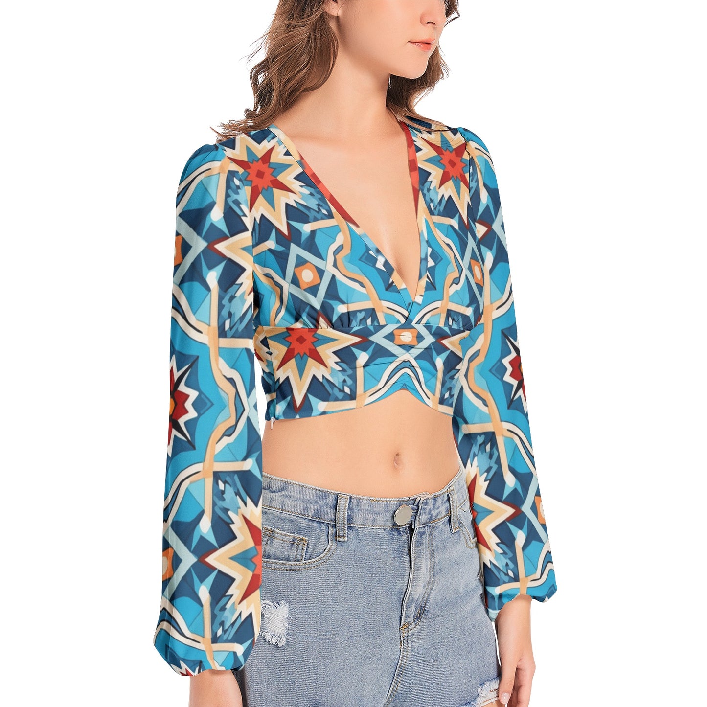 Kaleidoscope Cropped Lantern Sleeve Top