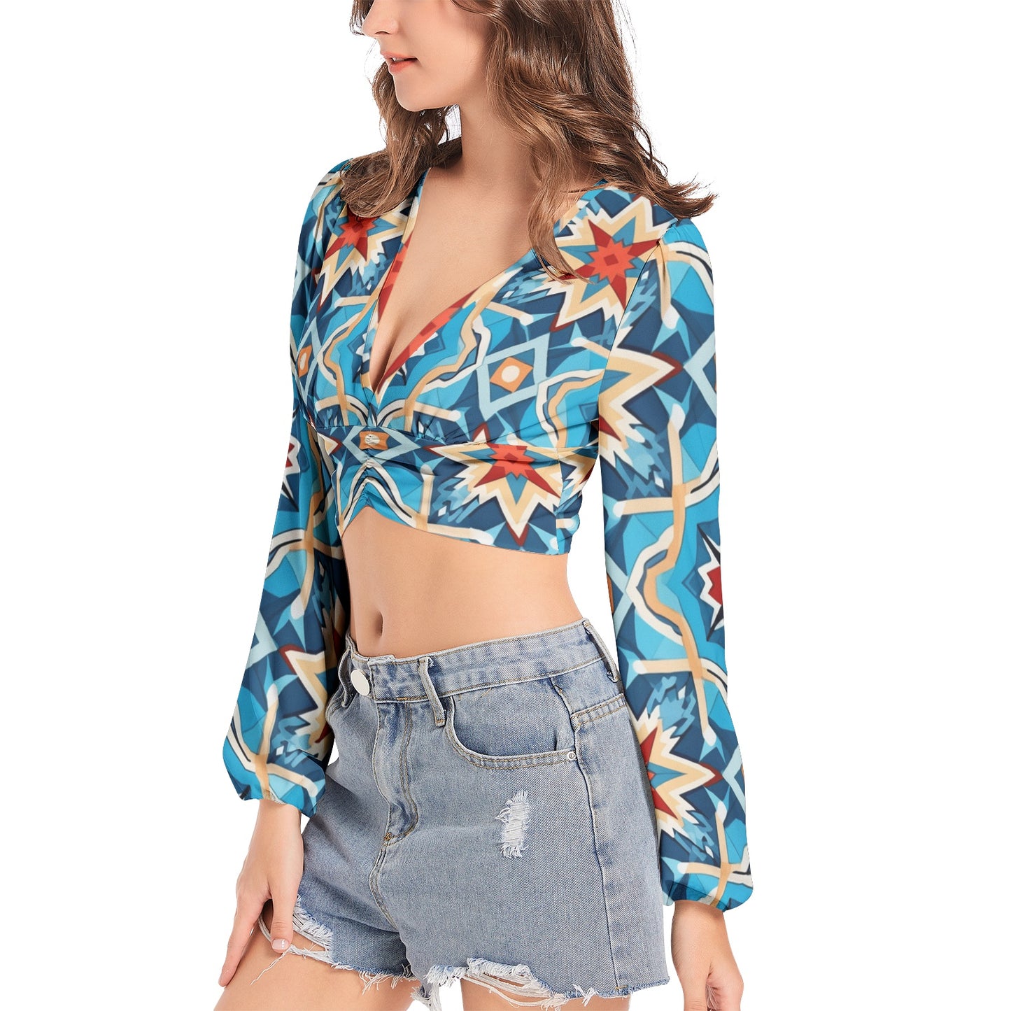 Kaleidoscope Cropped Lantern Sleeve Top